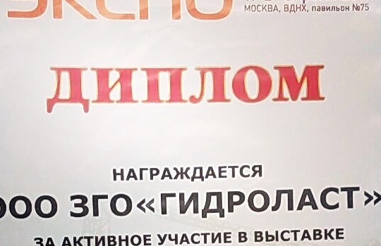 Гидроласт получил диплом за активное участие в выставке КранЭкспо в Москве